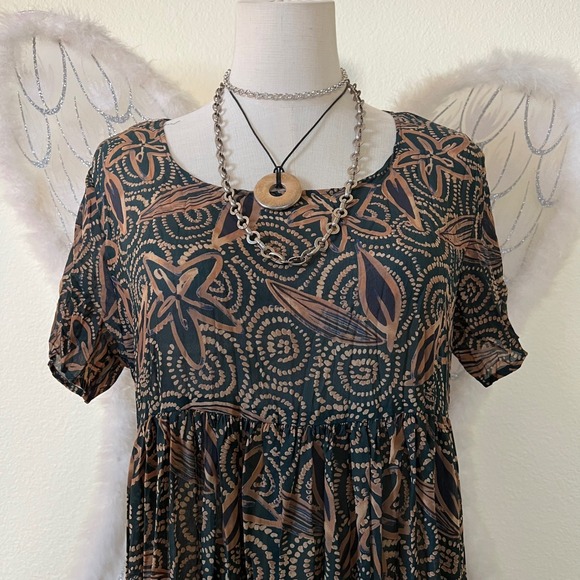 Indie Grunge Granola Girl‎ Brown Green Maxi Dress Pleated Sheer Babydoll 90s - Picture 6 of 6